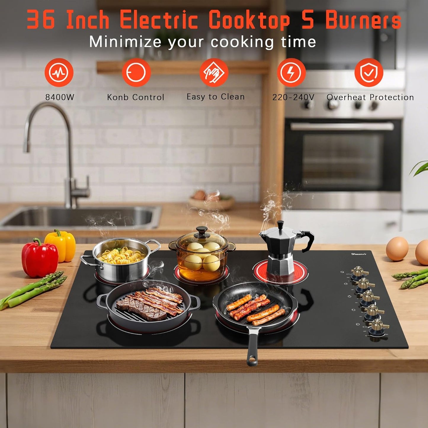 Electric Cooktop 36 Inch - 5 Burner Electric Stove Top with 8400W, 36 Inches Built-in Ceramic Stove with Two Dual Rings, Overheat Indicator, Knob Control, 220V - 240V Hard Wired (No Plug)
