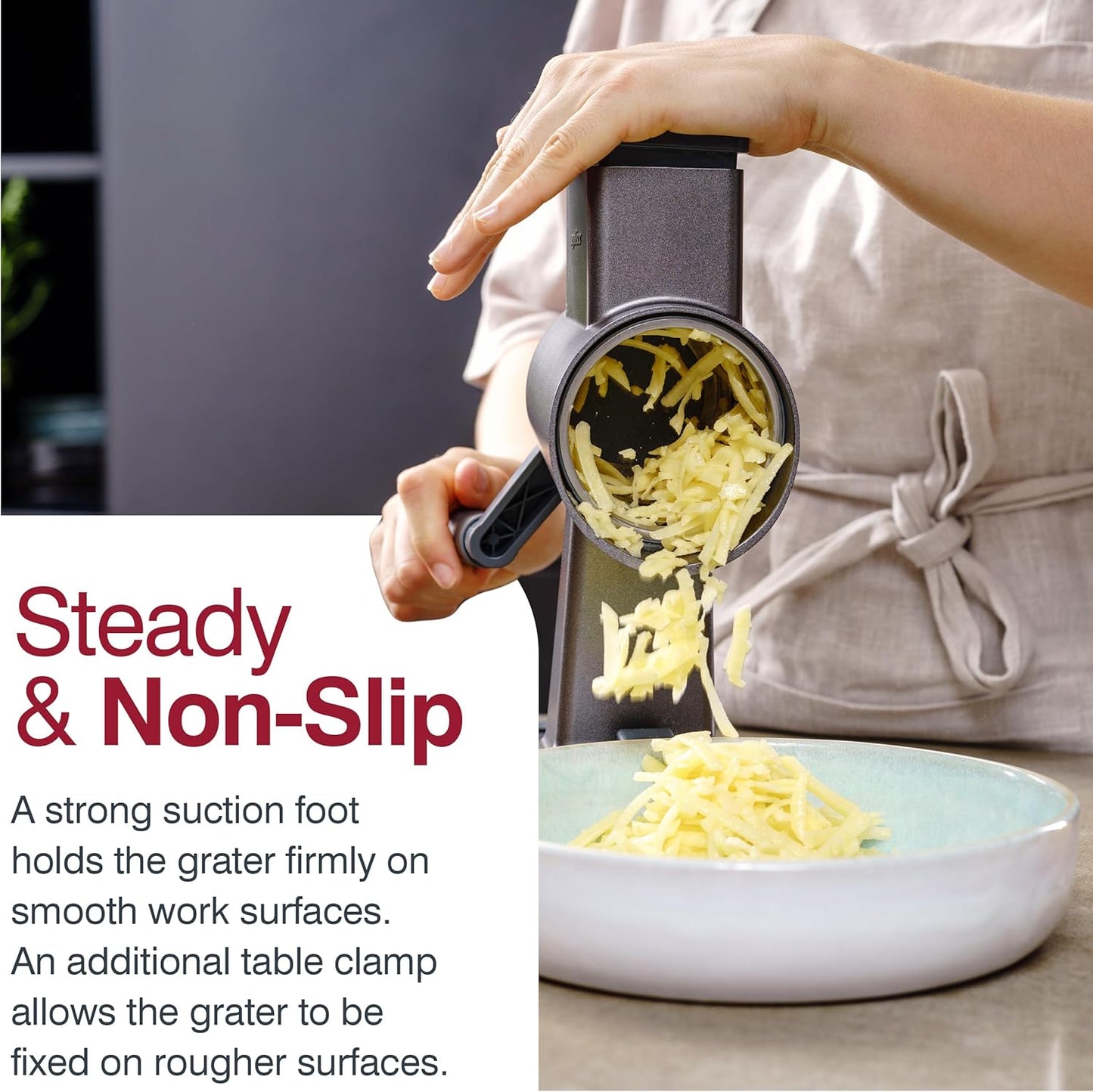 Zyliss Rotary Cheese Grater, Aluminium, 3 Steel Drum Blades, Cheese, Vegetable, Chocolate, Nut, Fruit Grater with Handle, Non-Slip Suction Foot and Table Clamp, 5 Year Guarantee