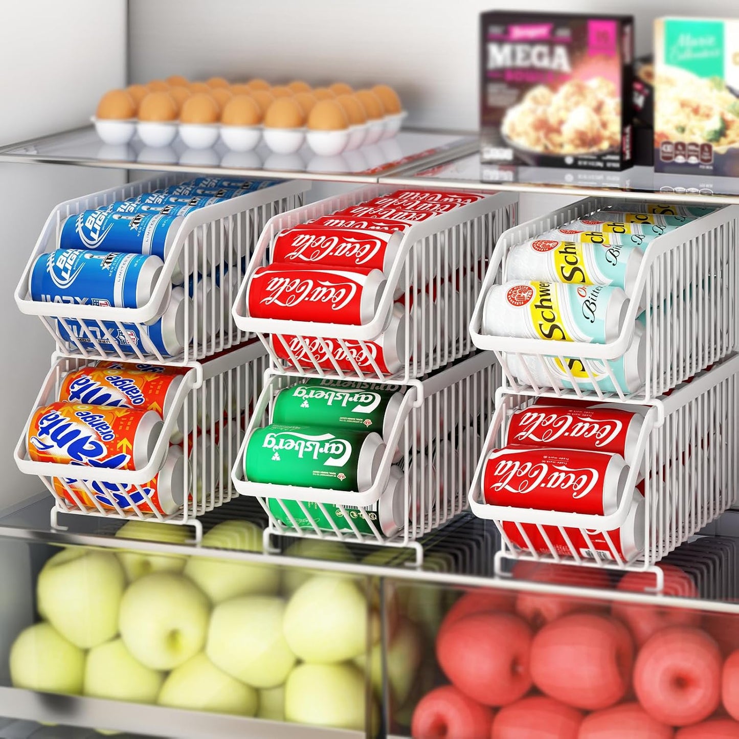 GILLAS 6 Pack Stackable Soda Can Organizer for Refrigerator, Can Holder Dispenser, Canned Food Storage Rack for Fridge, Kitchen, Countertops, Cabinets, White