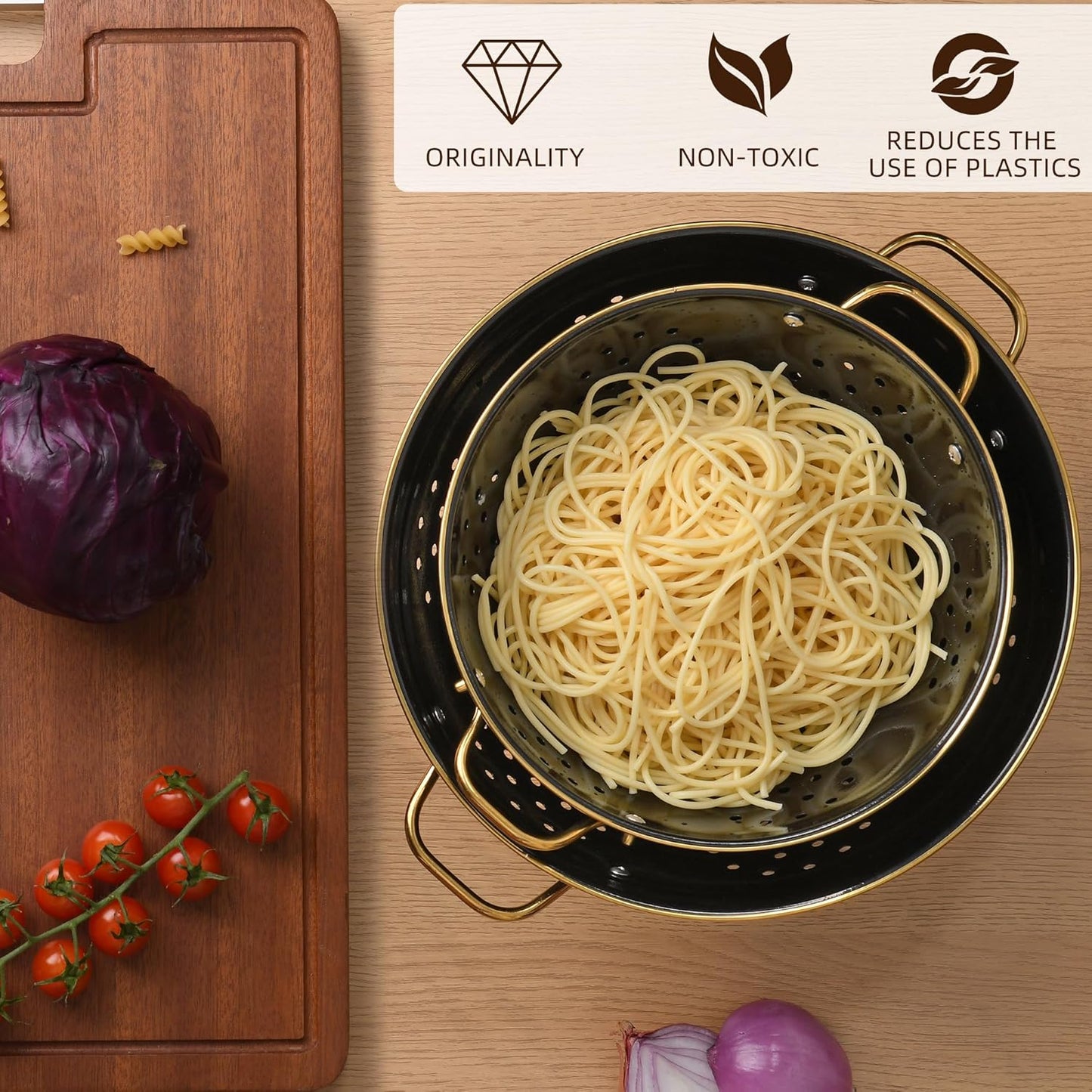 Metal Colander 2 Pack, 3.5 Quart Powder Coated Self-draining Solid Ring Base Metal Large Kitchen Pasta Vegetable Fruit Strainer with Handle (L-BLACK)