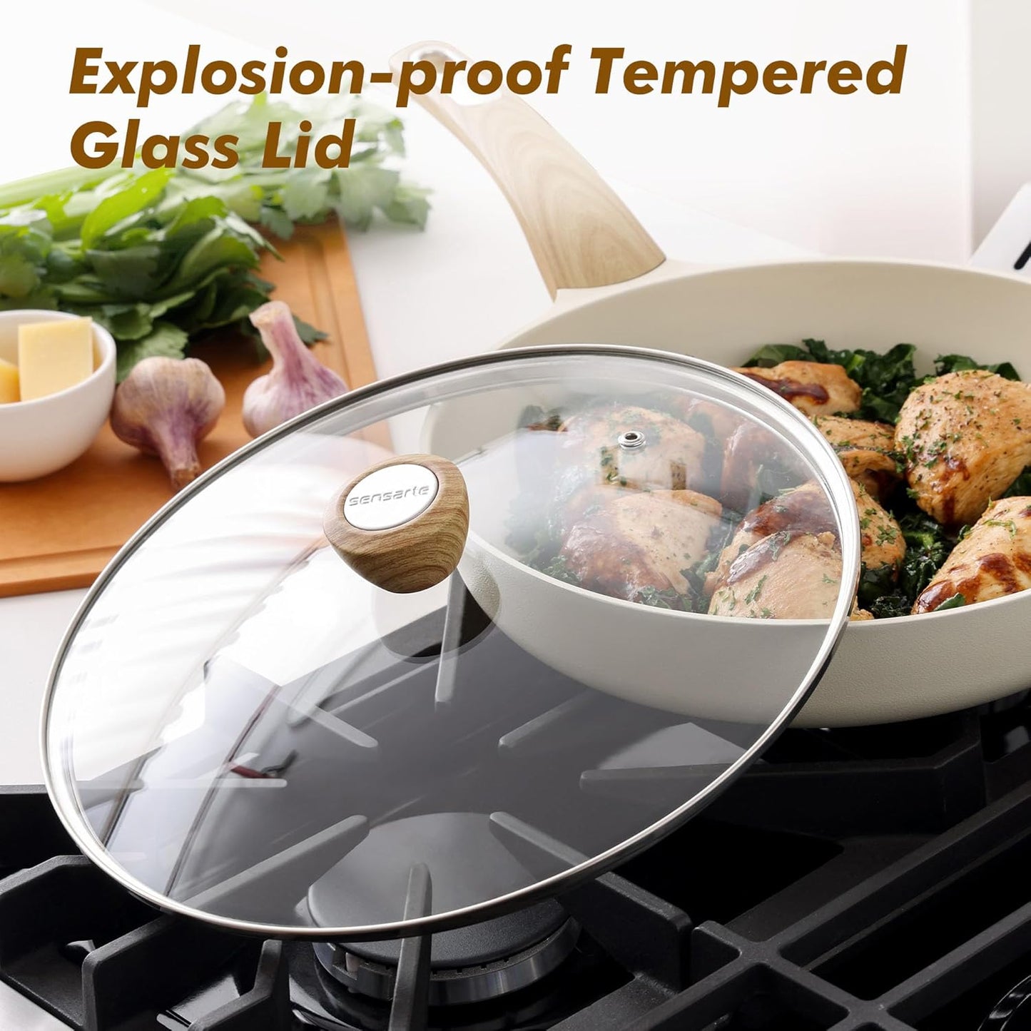 SENSARTE Ceramic Nonstick Frying Pan Skillet with Lid 11inch Non Stick Omelet Pan, Non-toxic Healthy Kitchen Cooking Chef's Pan, Free of Intentionally Added PFOA/PFAS/PTFE, Induction Compatible, White