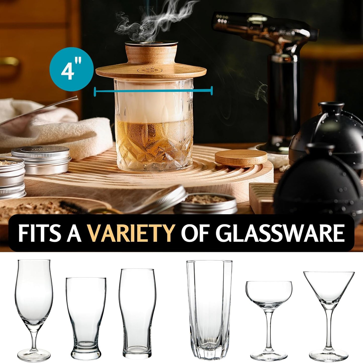 Whiskey Smoker Kit - Cocktail Smoker Kit with Torch, 2 Whiskey Glasses, 2 Ice Ball Makers, 6 Flavors Wood Chips - Old Fashioned Smokers - Bourbon Drink Smoking Set - Whiskey Accessories Gifts for Men