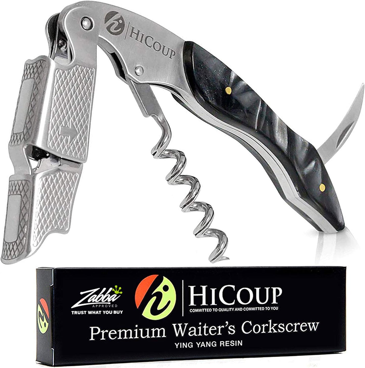 Hicoup Wine Opener - Professional Corkscrews for Wine Bottles w/Foil Cutter and Cap Remover - Manual Wine Key for Servers, Waiters, Bartenders and Home Use - Ying Yang