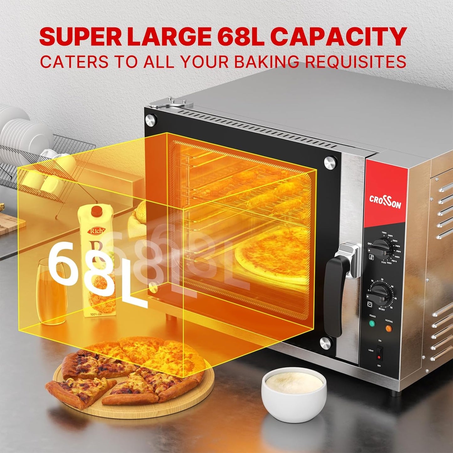 CROSSON 68L Half-Size Convection Oven,4-Tier Commercial Toaster oven w/Front Glass Door,4 set of Trays&Wire Racks,60 Minutes Timer and Interior Light, 120V/1800W Countertop Conventional Oven