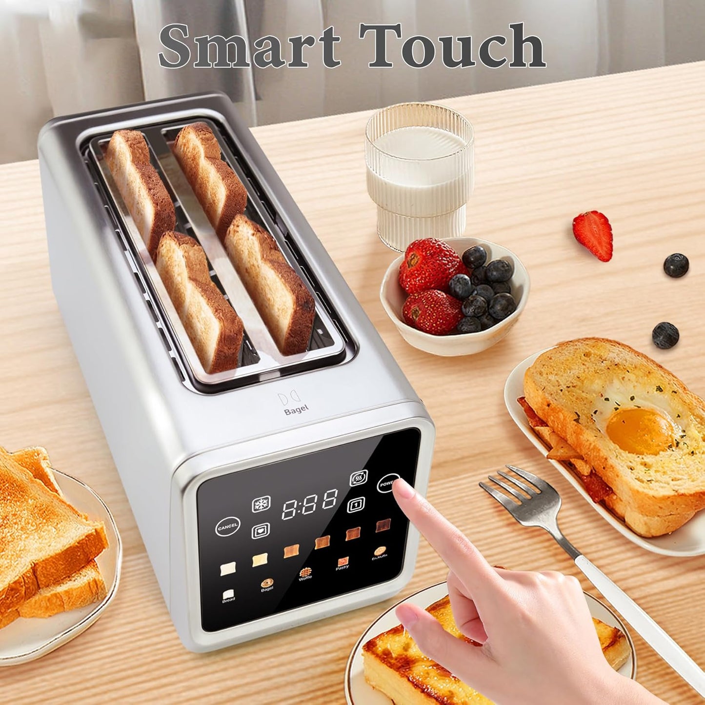 Long Slot Toaster 4 Slice, Touch Screen LED Display, 1.5” Extra Wide Slots for Thick Bread & Bagels, Countdown Timer, Memory Function, Dual Independent Control, 6 Shade Settings, Stainless Steel