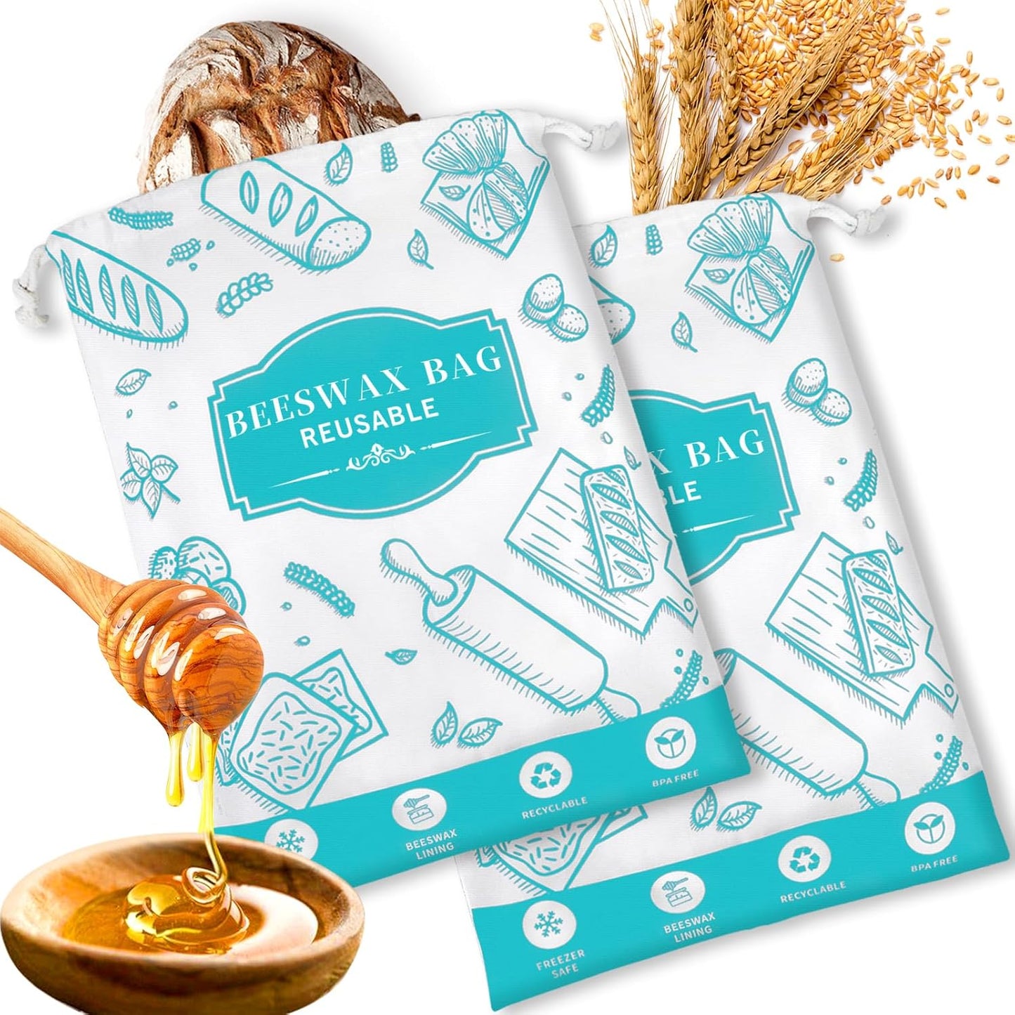 2-Pack Beeswax Bread Bags for Homemade Bread, Green Reusable Sourdough Storage Bags with Premium Beeswax Coating for Loafs Baguette Fresh Keeping,Great Homesteading Essentials and Baking Gifts.