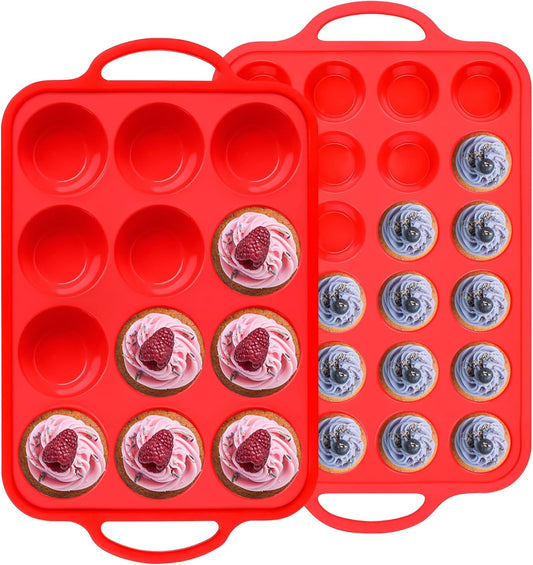 Regular 12 Cup and Mini 24 Cup Nonstick Cupcake Pan Set Silicone Muffin Pan for Baking Silicone Cupcake Mold with Metal Reinforced Frame BPA Free (2 Pcs, Red)