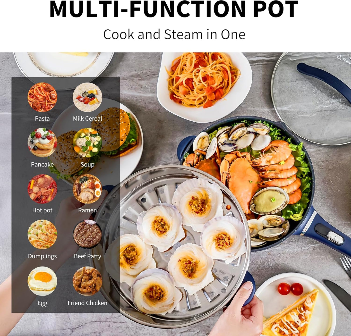 3-Quart Electric Hot Pot & wok Nonstick with Steamer | Electric Skillet 1200W for Dorm, Home, Gifts (Includes Silicone Spatula) Multi-Cooker