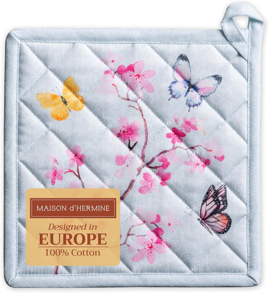 Maison d' Hermine Pot Holders 100% Cotton Heat Resistant Potholders 8" x 8" Hot Pads with Loop BBQ, Cooking, Baking, Grilling, Kitchen, Handling Hot Pans Spring/Summer (Pack of 1, Blossoms in Spring)