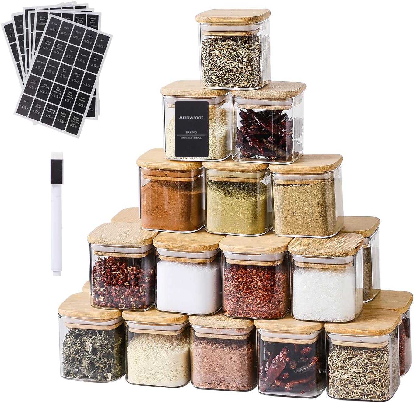 24Pcs 4oz Spice Jars with 275 Labels, Small Seasoning Glass Container Empty Organizer with Bamboo Lid Set for Pepper, Salt, Sugar