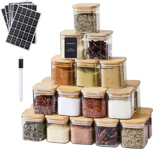 24Pcs 4oz Spice Jars with 275 Labels, Small Seasoning Glass Container Empty Organizer with Bamboo Lid Set for Pepper, Salt, Sugar