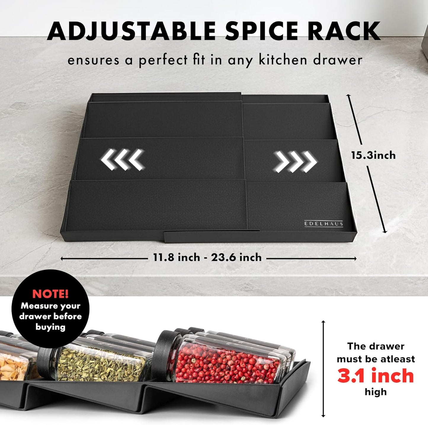 Spice Drawer Organizer - Expandable Spice Rack for Drawer, Black Seasoning Organizer for Drawer Spice Organizer, Spice Organization Seasoning rack insert for Cabinet (Jars Not Included)