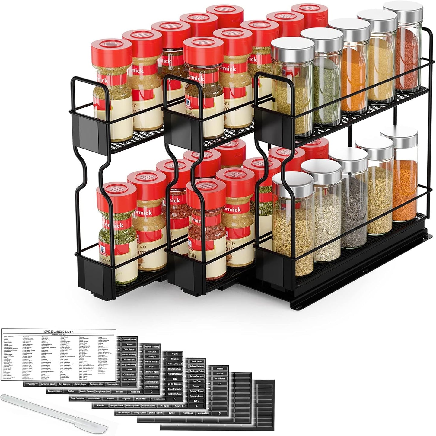 SpaceAid Pull Out Spice Rack Organizer, Heavy Duty Slide Out Seasoning Kitchen Organizer, Cabinet Organizer, with Labels, 7.7" W x10.75 D x10 H, 3 Drawers 2-Tier