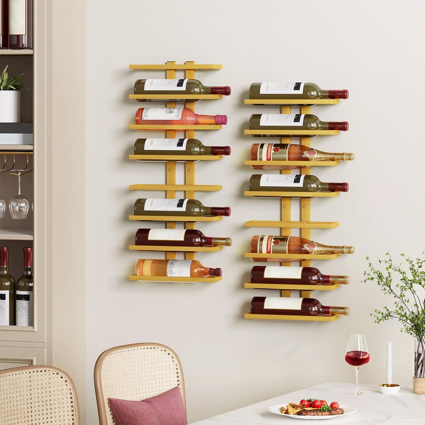 Hoctieon 3-Set 8 Tier Wall Mount Wine Rack (24 Tiers), Wall Racks for Wine Bottles Display and Storage, Hanging Bottle Organizer for Living Room, Dining Room, Wine Cellar, Bar, Gold