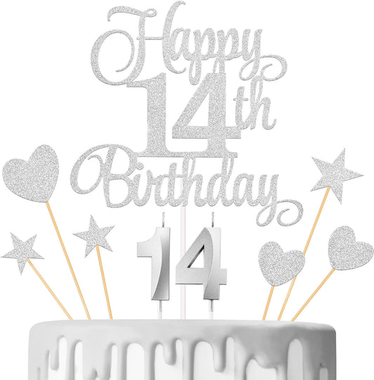 14th Birthday Cake Decorations, 14th Birthday Candles Cake Numeral Candles and Glitter Happy 14th Birthday Cake Toppers Set for Birthday Party Supplies (Silver)