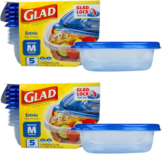 Glad GladWare Entrée Food Storage Containers, Medium Square - Meal Container Holds up to 25 Ounces of Food - Lock Tight Seal, 5 Count - 2 Pack