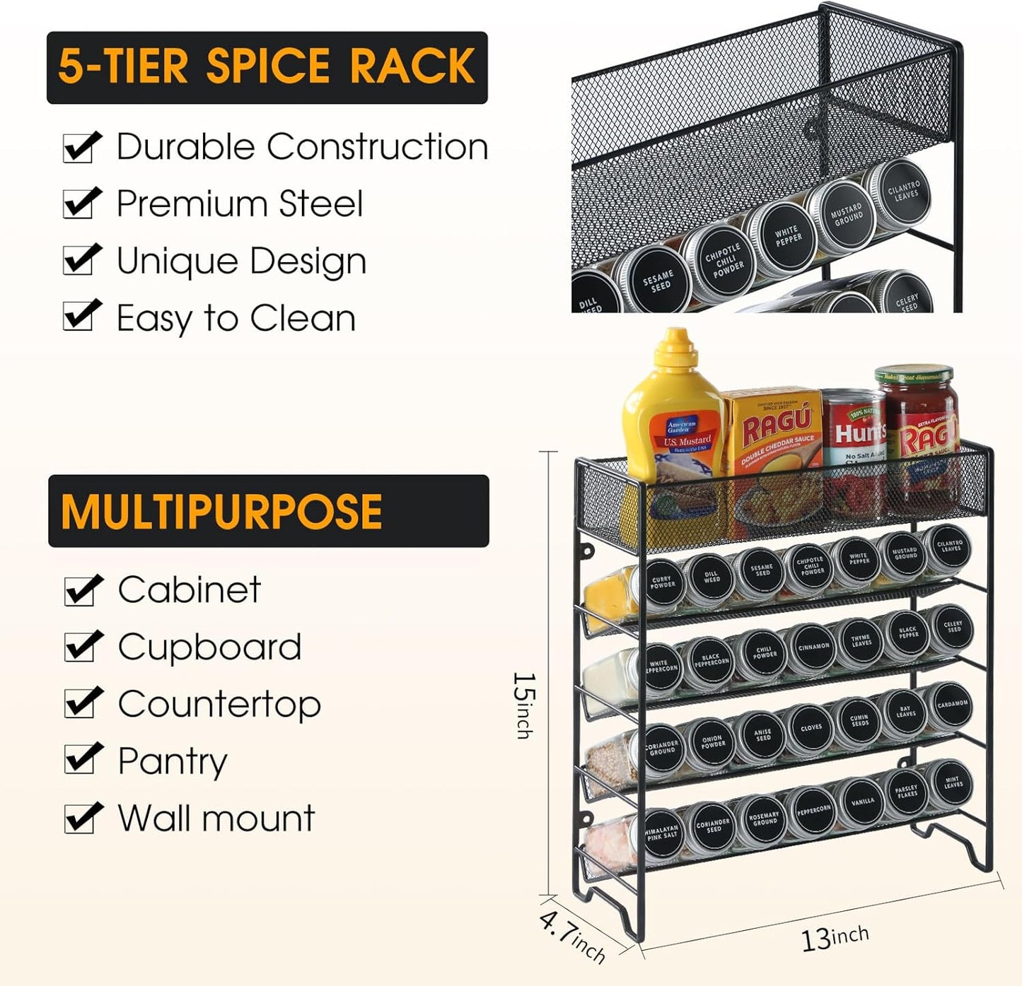 Spice Rack Organizer with 28 Empty Spice Jars,Spice Labels,Chalk pen and Funnel Complete Set,Space-Saving for Countertop, Cabinet or Wall Mount