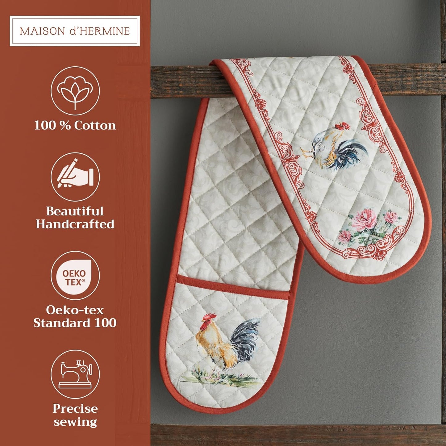 Maison d' Hermine Double Oven Mitts 100% Cotton 7"x35" Double Oven Mitt Heat Resistant BBQ Cooking Gloves with Loop, Baking, Grilling, Home, Kitchen, Handling Hot Pans Spring Summer (Campagne)