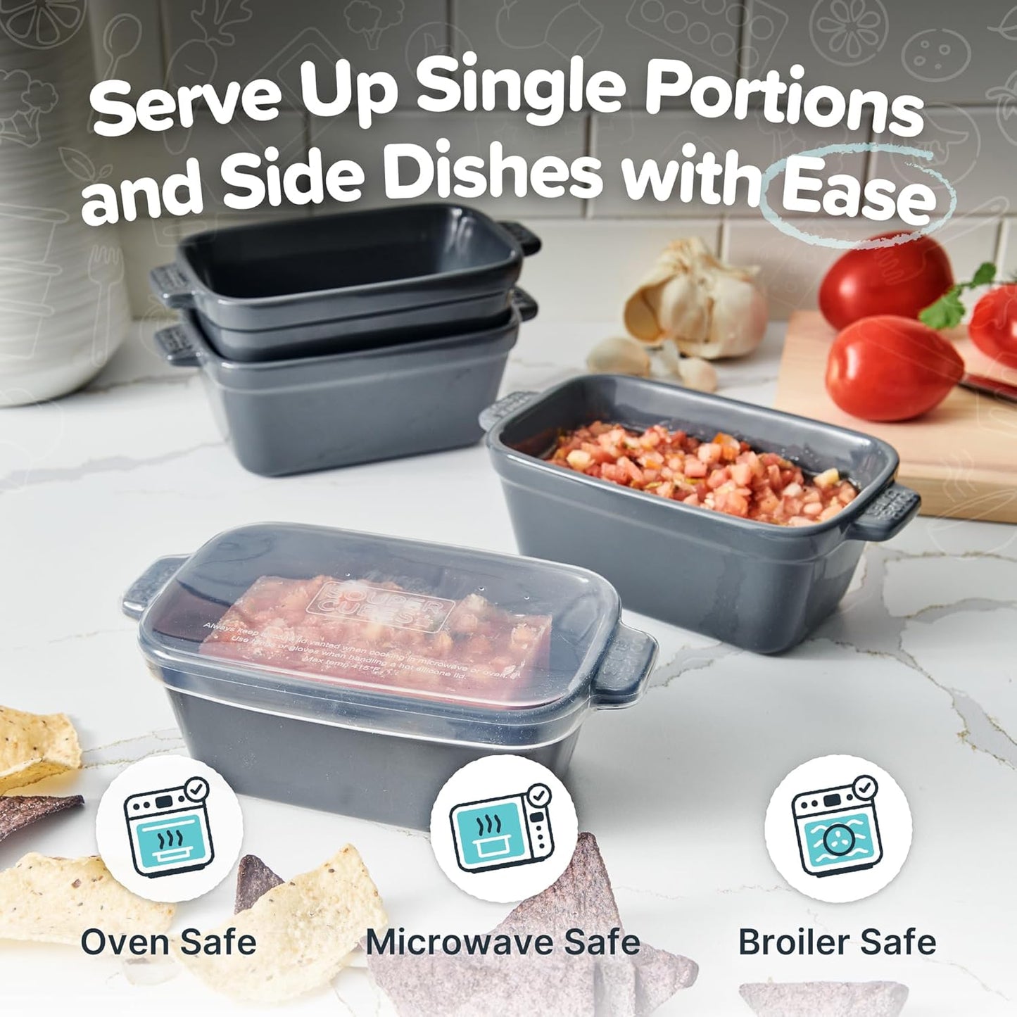 Souper Cubes Stoneware - Small Ceramic 5" x 3" Baking Dish with Silicone Covers, Small Baking Dishes for Oven Perfect for Reheating Single Serve Portions, Set of 4 - Charcoal
