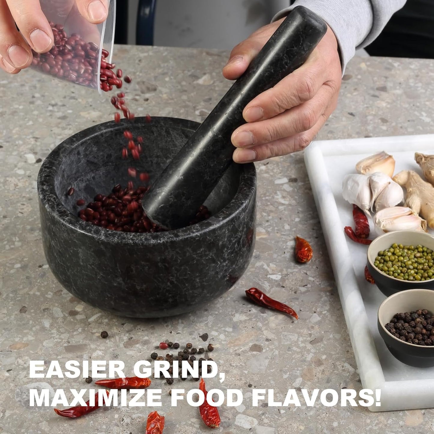 Koville Granite Mortar and Pestle Set, 6.3"-2 Cups Stone Grinder Bowl for Guacamole, Salsa, Pill Crusher, Spice, Herb, Garlic, Nut, Heavy Duty Grinder for Kitchen