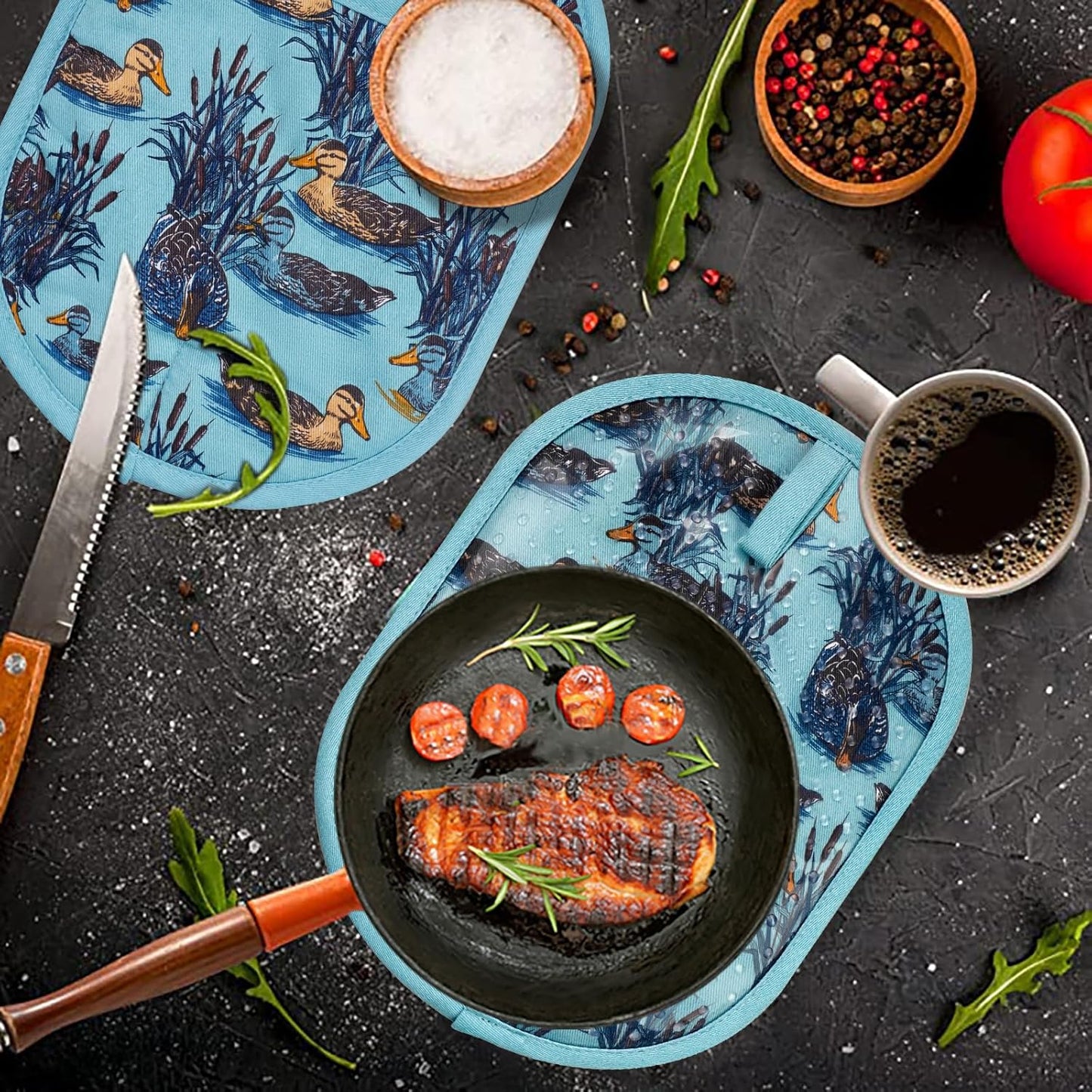 Pot Holders Set of 2 with Transparent Clear Silicone Shell and Nice Duck Flower Cotton Lining, Heat Resistant to 500 F Kitchen Oven Gloves Pot Holder for Cooking (Wathet Blue, Potholders)