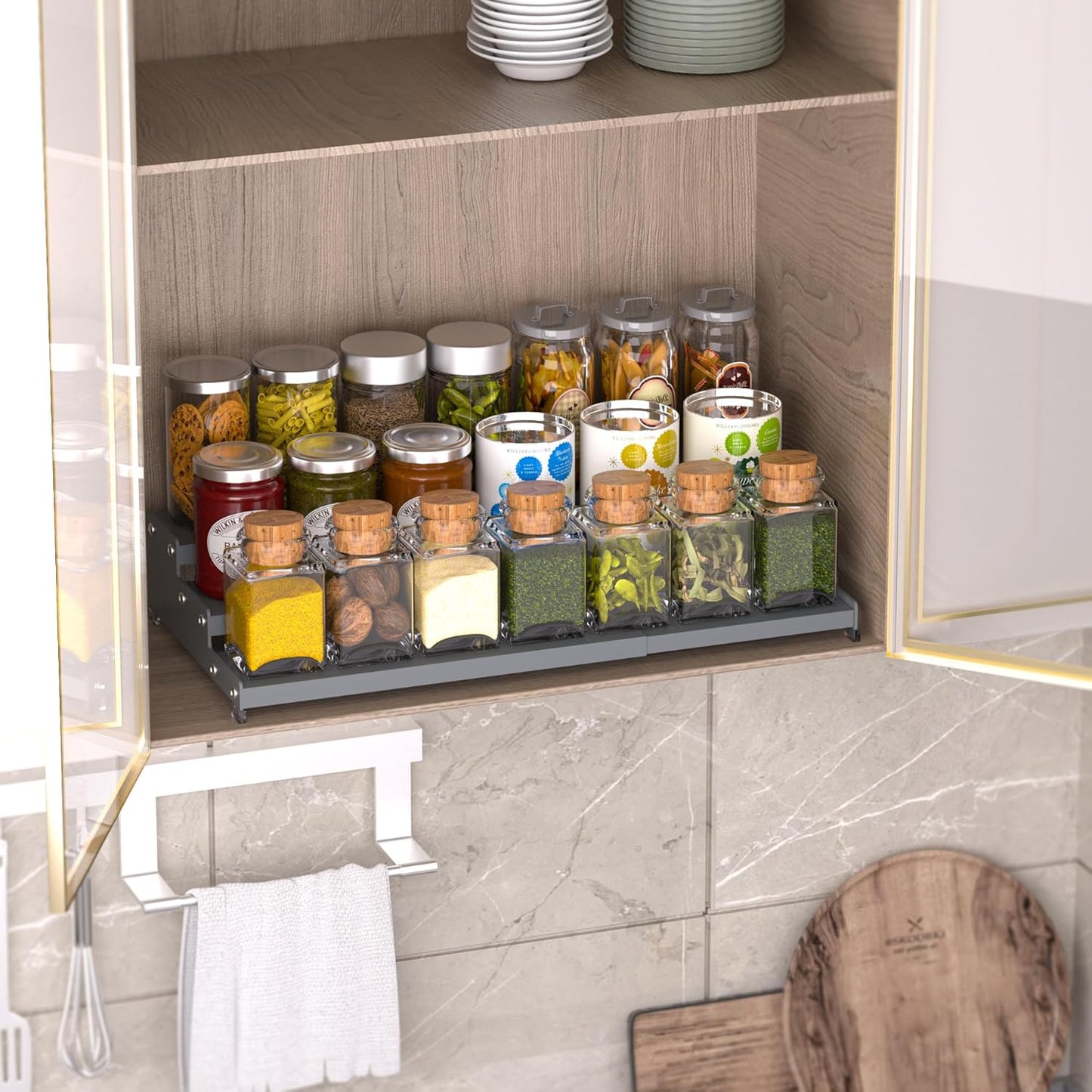 Premium Spice Rack Organizer for Countertops - 3-tier space-saving kitchen organizer for spice jars, oil bottles and utensils 2 Packs Grey (modern rust-resistant design)