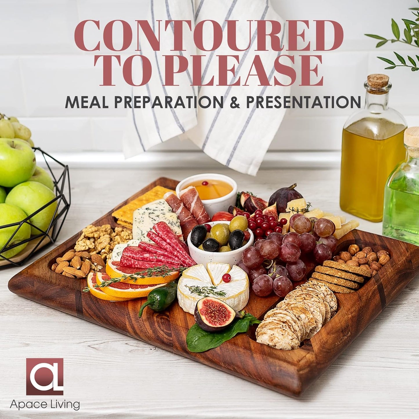 Contour Wood Cutting Board - Large Acacia Butcher Block Chopping Board for Kitchen w/Stand, Sustainable Wood, Juice Groove - Doubles as 4 Compartment Serving Board - Apace Living 17x13x1.5