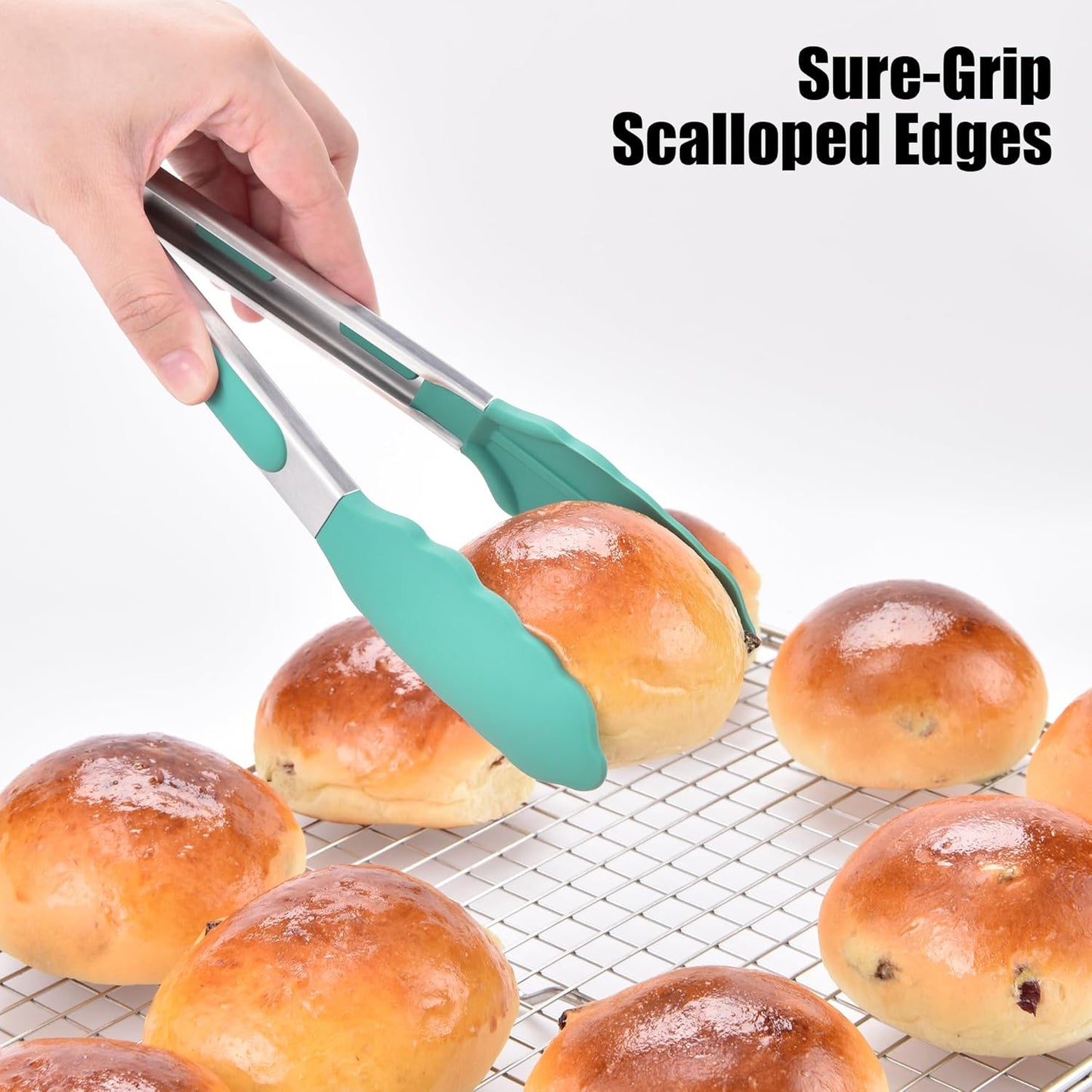 Doosu Kitchen Tongs for Cooking - 600°F Heat Resistant Food Tong Set with Non-Scratch Silicone Tips, Heavy Duty Stainless Steel Locking Tong for BBQ, Grilling Steak, Serving (7+9+12in, Aqua Sky)