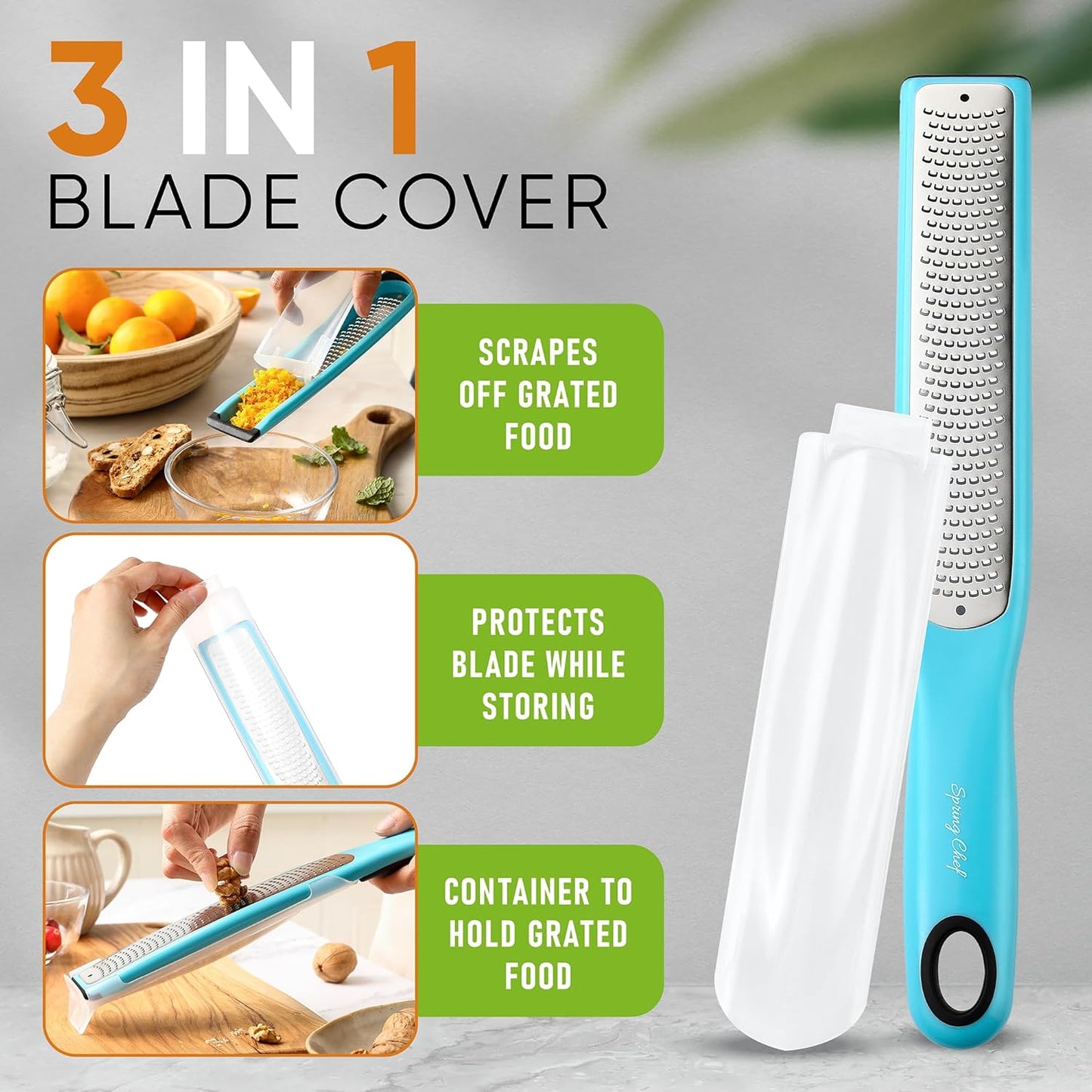 Spring Chef Premium Lemon Zester Grater with Handle - Fruits, Garlic, Chocolate, Nutmeg, Ginger Grater - Heavy Duty Kitchen Tool - Stainless Steel Citrus Zester with Blade Cover - Fine Shred, Aqua Sky