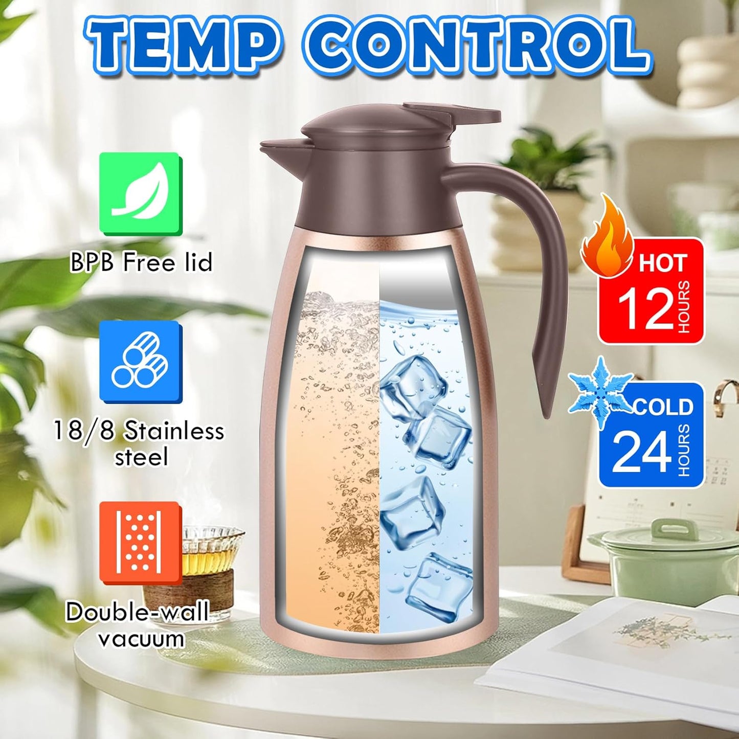 2pcs 70oz Thermal Coffee Carafe Coffee Pitcher, Insulated Stainless Steel Coffee Carafes for Keeping Hot Drinks, Double Walled Thermal Pot Dispenser for Coffee, Hot Water, Tea, Hot Beverage