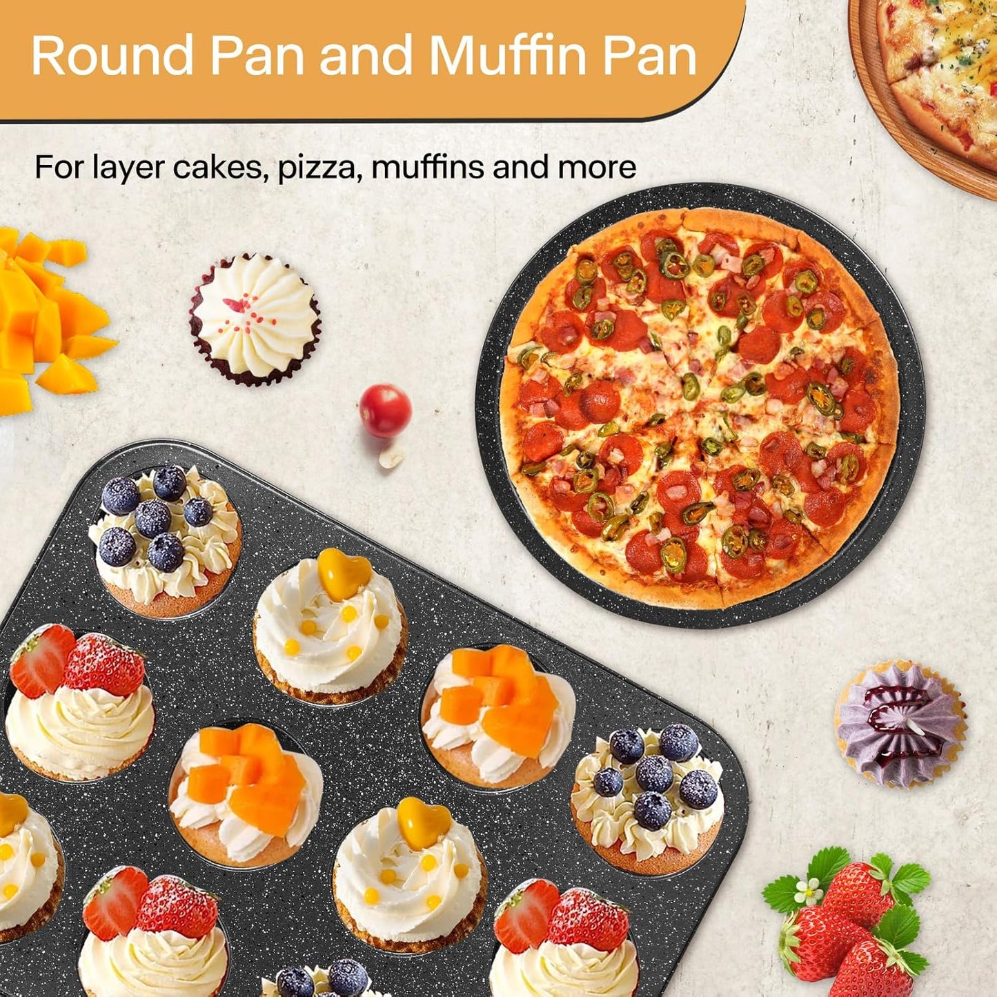 Bakeware Sets 6 Pcs, Non Stick Baking Pans Set, Black Speckled Kitchen Baking Set, Stackable Storage, Easy Clean & Even Heating, with Cooling Rack, Cake, Muffin, and Loaf Pan