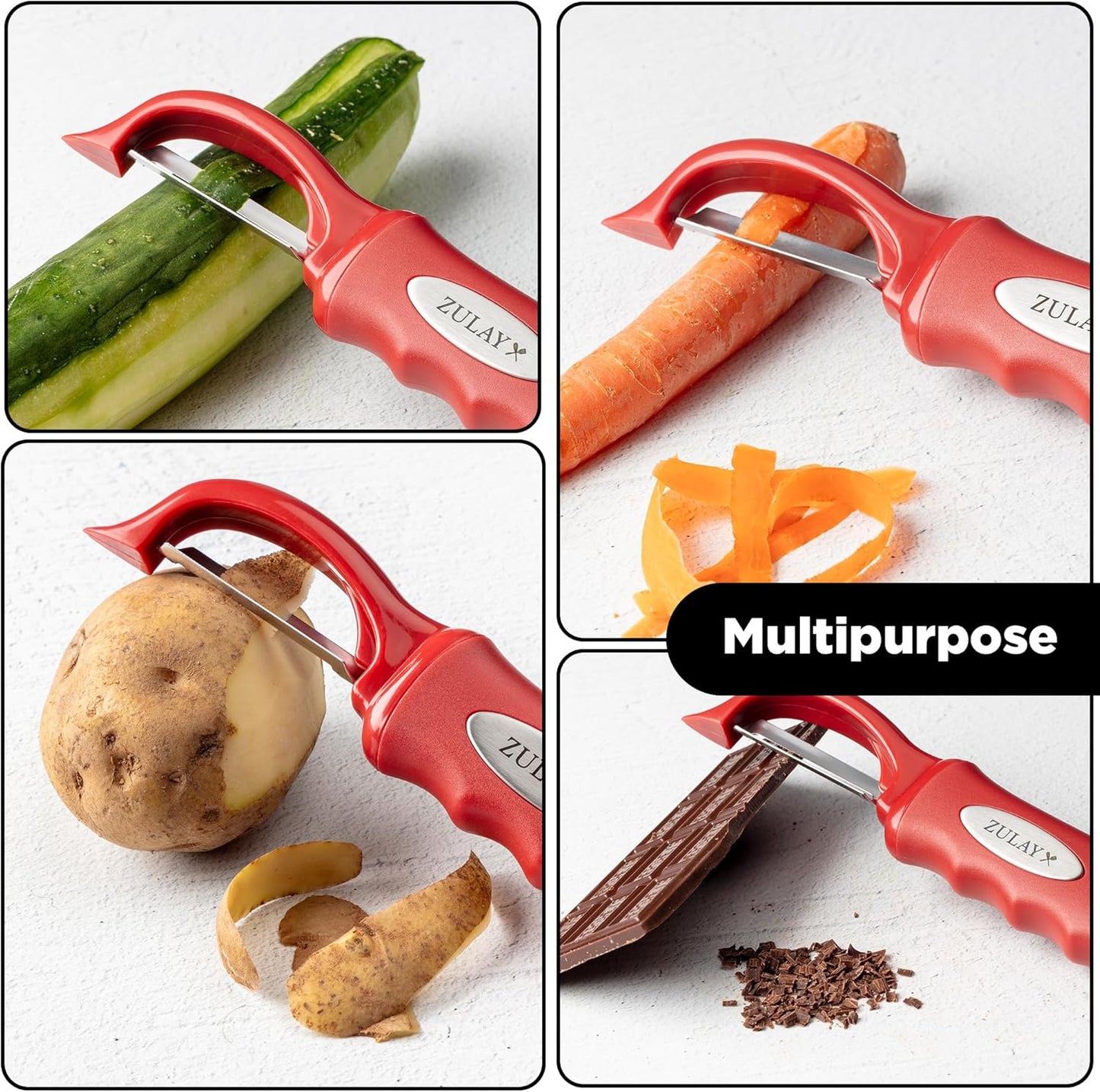 Zulay Kitchen Premium Vegetable Peeler for Kitchen - Swivel Peeler with Razor Sharp Stainless Steel Blades & Strong Ergonomic Handle - Dishwasher Safe, Easy To Use with Blemish Remover - Red