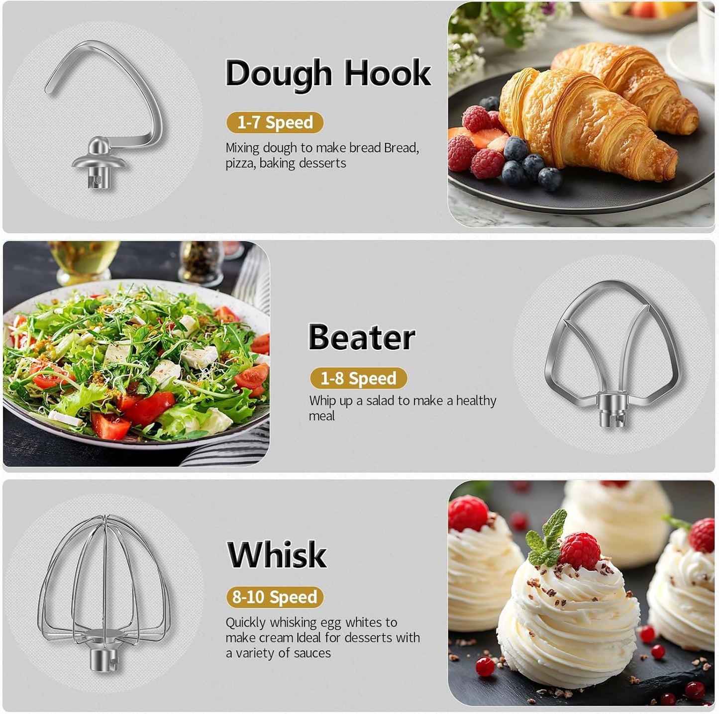 Vezzio Stand Mixer,6 Quarts,10-Speed Tilt-Head,Kitchen Food Mixer with Stainless Steel Bowl,Dough Hook,Whisk, Beater,Egg White Separator (Silver)