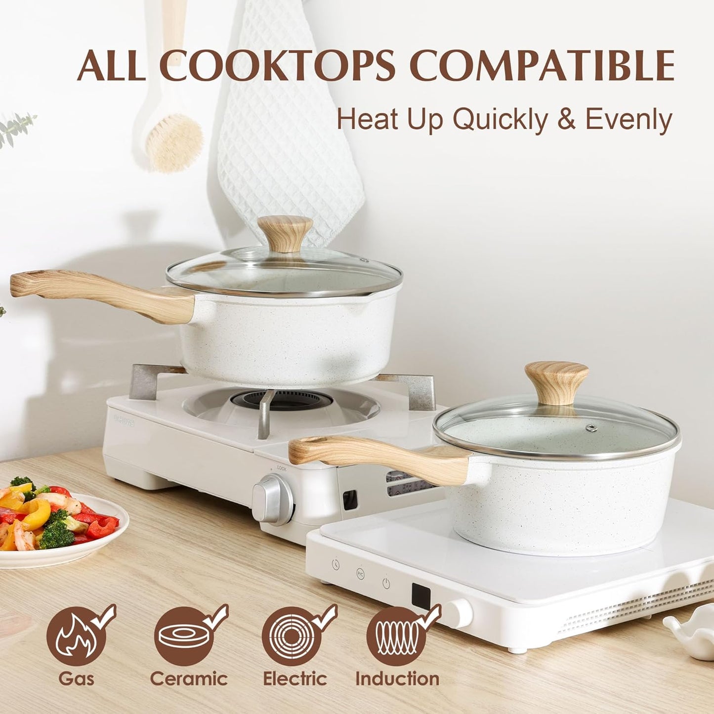 SENSARTE White Ceramic Nonstick Saucepan with Lid Set, Small Cooking Pot with Stay Cool Handle, Induction Compatible Saucepot, White Granite Coating, PFOA/PFAS Free, 2.0 + 2.5QT