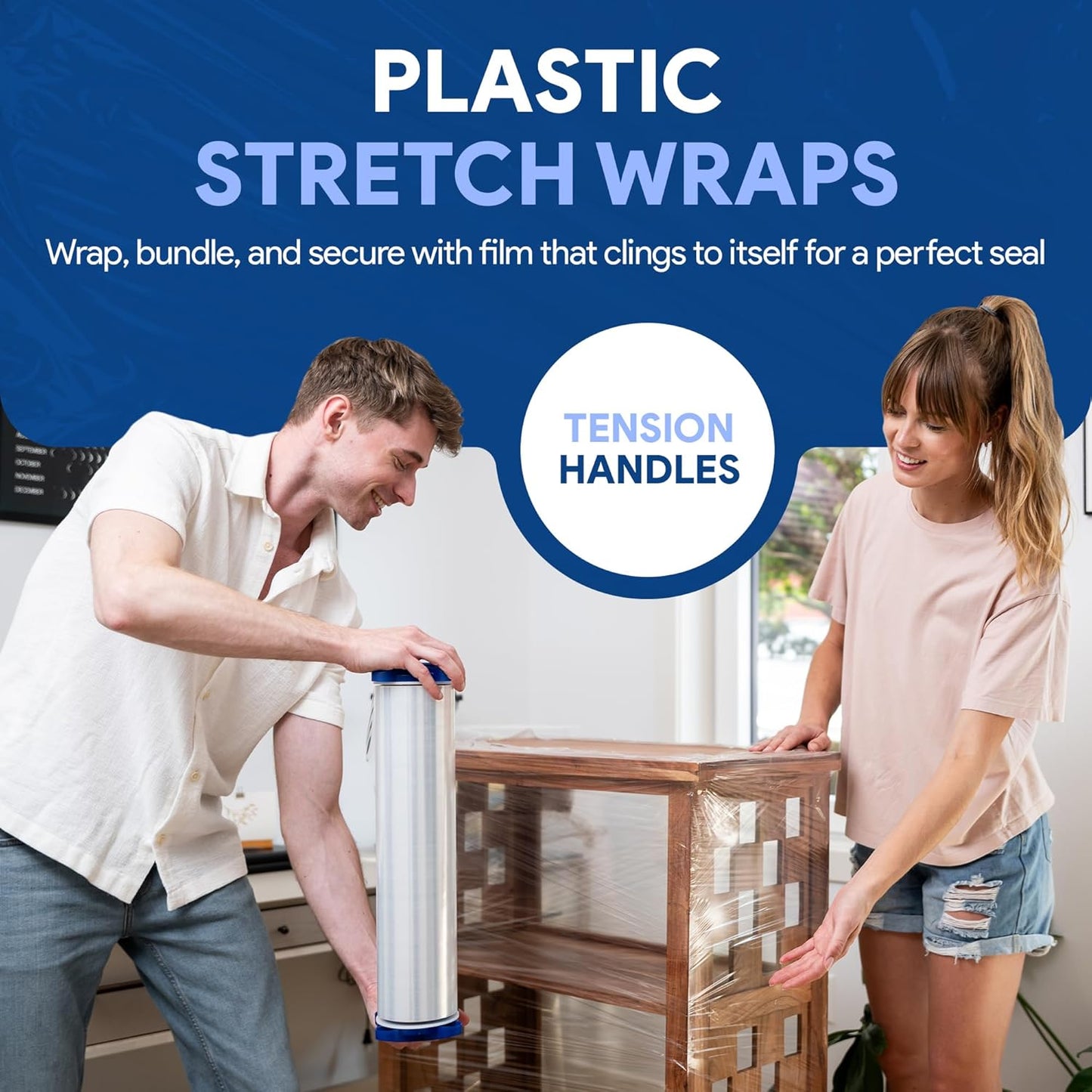 International Plastics Co. 15" Plastic Stretch Film Wrap with Tension Handles 1200ft 500% Stretch Clear Cling Durable Adhering Packing Moving Packaging Heavy Duty Shrink