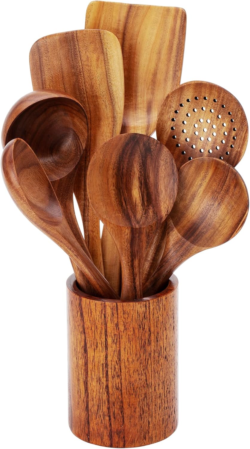FJNATINH Wooden Spoons for Cooking, 8 Pcs Nonstick Wooden Cooking Utensils Set,Nonstick Natural and Healthy Kitchen Utensil（8 Pcs）