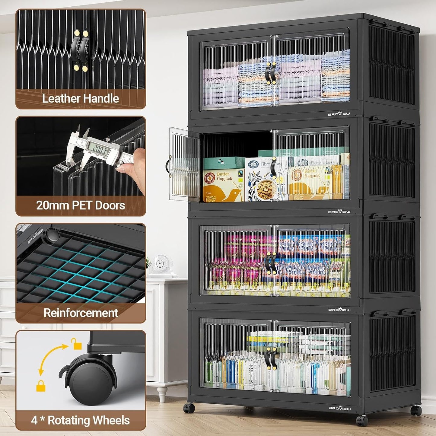 600Qt Extra Large Stackable Storage Bins with Lid, Closet Organizer Collapsible Drawer Boxes with Wheels, Folding Plastic Cabinet Containers for Home Kitchen Room Organization, 3Pack Black