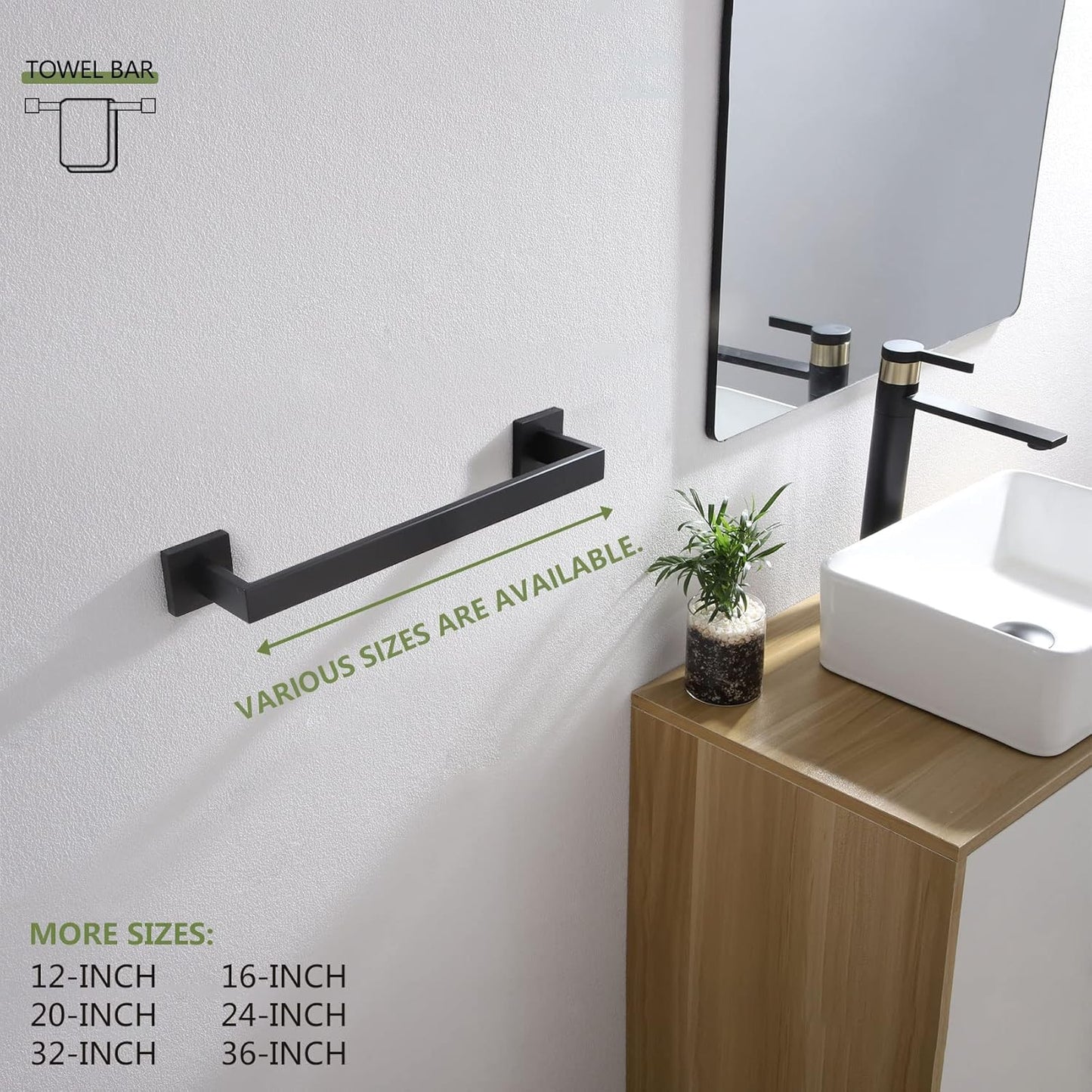 KOKOSIRI 16-Inch Single Towel Bar, Bathroom Kitchen Towel Holder, Wall Mounted SUS304 Stainless Steel Towel Rack, Matte Black, B4003BK-L16