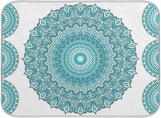 Super Absorbent Dish Drying Mat, Microfiber Fast-Drying Dish Mat, 16" x 18", Kitchen Dish Drying Pad, Boho Ethnic Turquoise Mandala