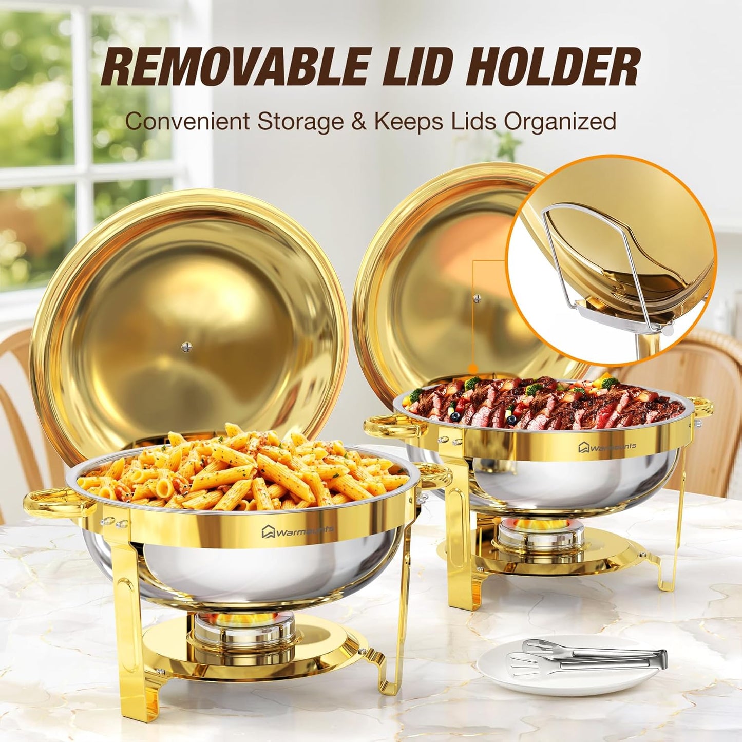 Gold Chafing Dishes for Buffet (5QT, 2 Pack), Round Chafers and Buffet Warmers Sets with Lid Holder, Food-Grade Stainless Steel, Rolled Edge Design, for Catering Events, Parties, Weddings