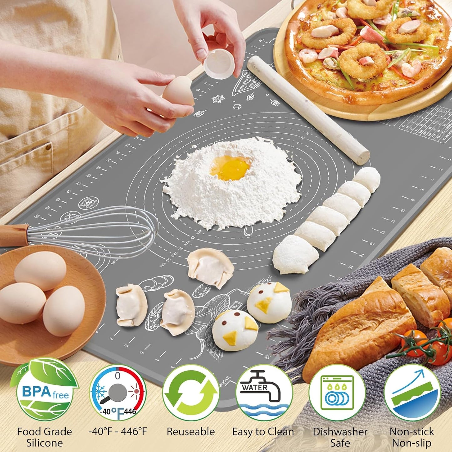 Silicone Baking Mat 24" x 16" Extra Thick Non-stick Pastry Mat with Measurements and Edge Heightening, Food Grade Silicone for Countertop Dough Rolling Making Bread, Cookies, Pizza, Fondant, Pasta