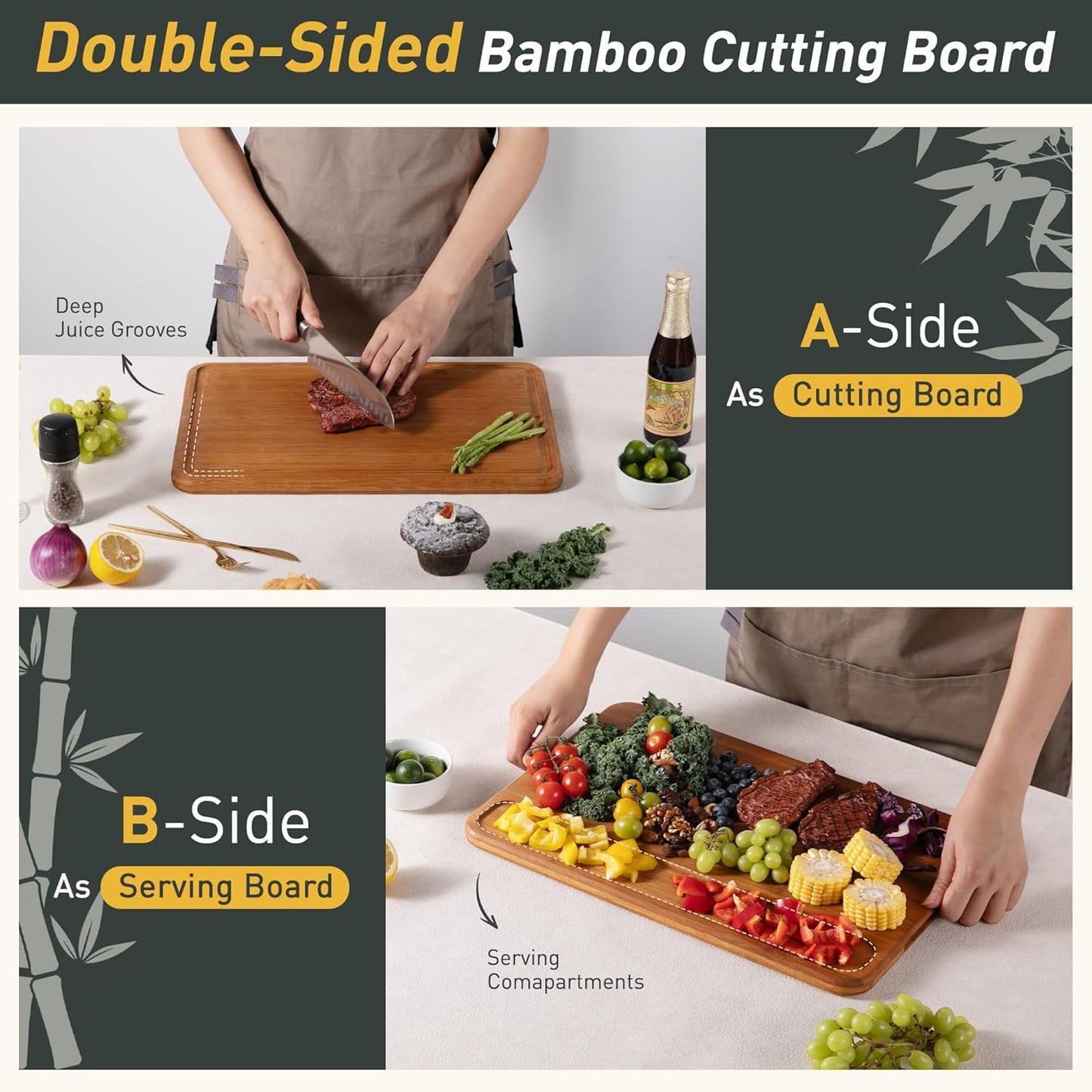 Extra Large Bamboo Cutting Board Set Over Sink Nice Solid Thick Wood Juice Groove Chopping Board Big Best Hardwood Counter Organic Vegetable Kitchen Gadgets Apartment Essentials(17.5" x 12" x 0.8")