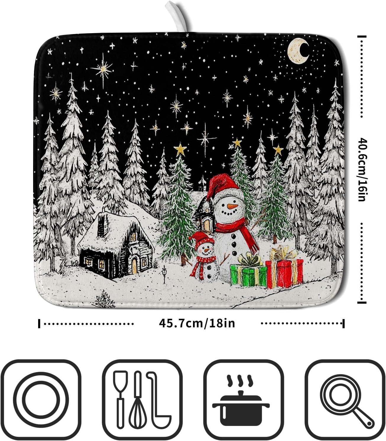 Winter Snowman Dish Drying Mat 18 X 16 in Black Microfiber Dish Pad Absorbent Holiday Kitchen Accessories