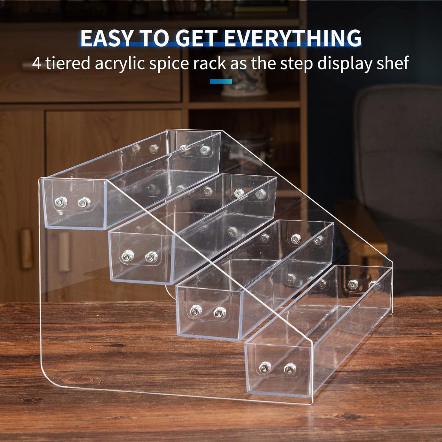 Acrylic Spice Rack, Tiered Spice Rack Shelf Seasoning Organizer for Countertop, Cabinet, Pantry, Kitchen Storage - 4 Tier