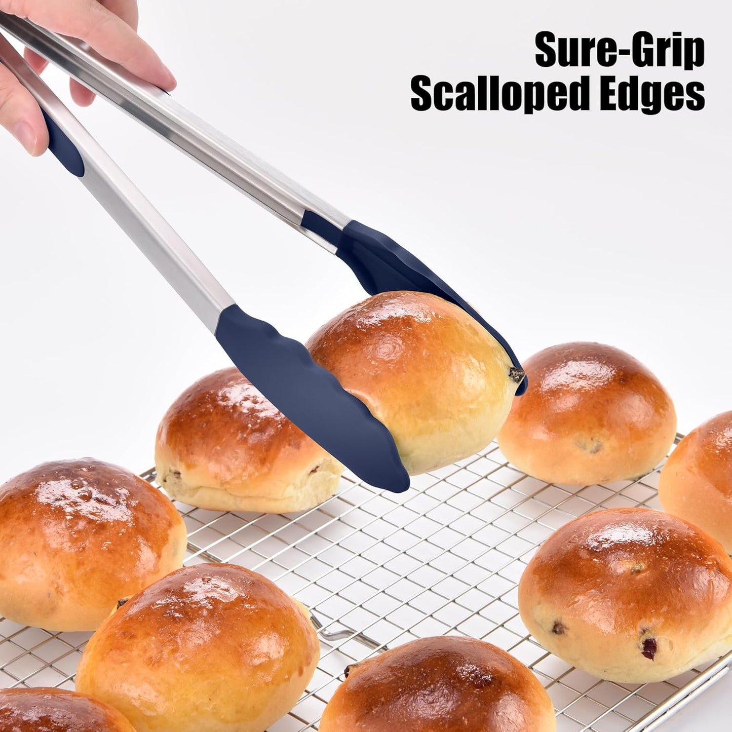 Doosu Kitchen Tongs for Cooking - 600°F Heat Resistant Food Tong Set with Non-Scratch Silicone Tips, Heavy Duty Stainless Steel Locking Tong for BBQ, Grilling Steak, Serving Salad (9+12in, Navy Blue)