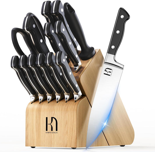 Knife Set, 15 Pcs Kitchen Knife Block Set, Enduring Razor-Sharp Japanese High Carbon Stainless Steel Chef Knife Set with Block and Sharpener, Premium Knives Set for Kitchen, Black Natural Wood