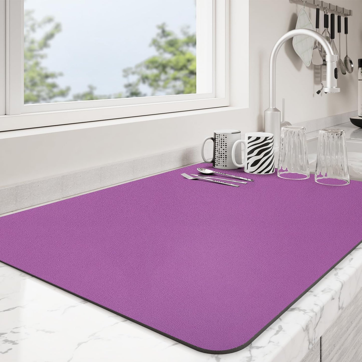 Dish Drying Mat for Kitchen Counter | Coffee Bar Mat for Countertops | Heat Resistant Drainer Mat with Non-slip Rubber Backed | Hide Stain Kitchen Absorbent Draining Mat | Purple 16"x24"
