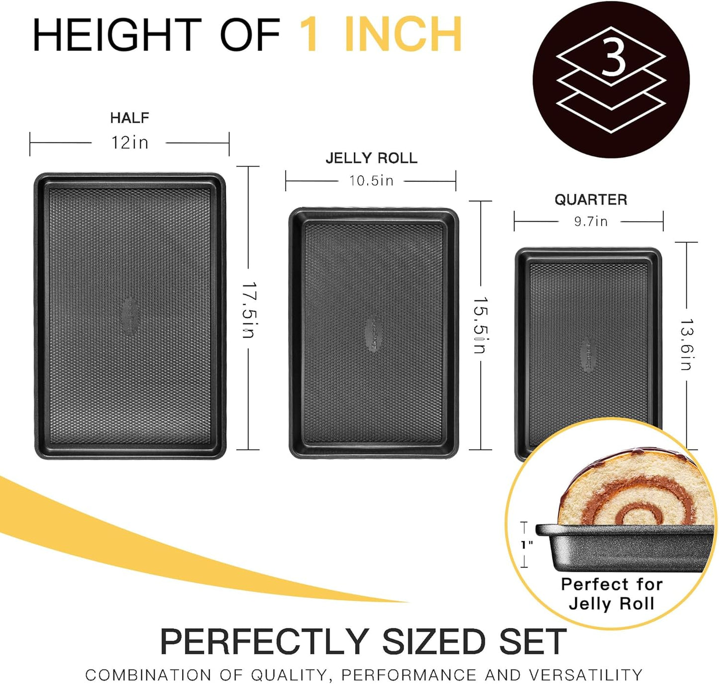 Cookie Sheets for Baking Nonstick - HONGBAKE Baking Sheet Pan Set of 3, Half/Quarter/Jelly Roll Pan for Oven with Diamond Texture Pattern, 57% Thicker Carbon Steel Cookie Trays, Dark Grey