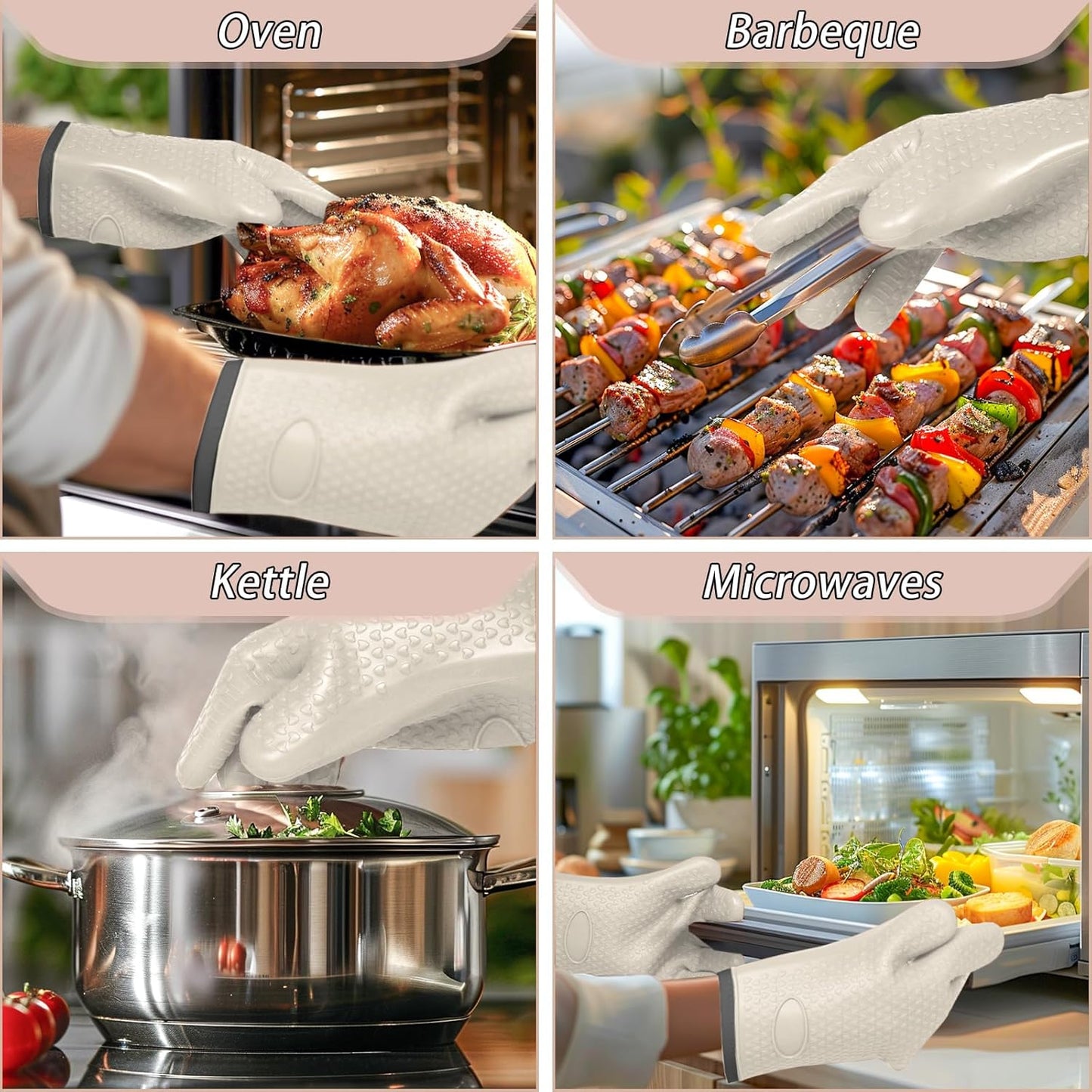 Oven Mitts with Fingers, Heat Resistant 500°F, Waterproof & Non-Slip Kitchen Gloves for Baking, Grilling, Cooking.5-Finger Design with Soft Lining, Hanging Hook,Milky White