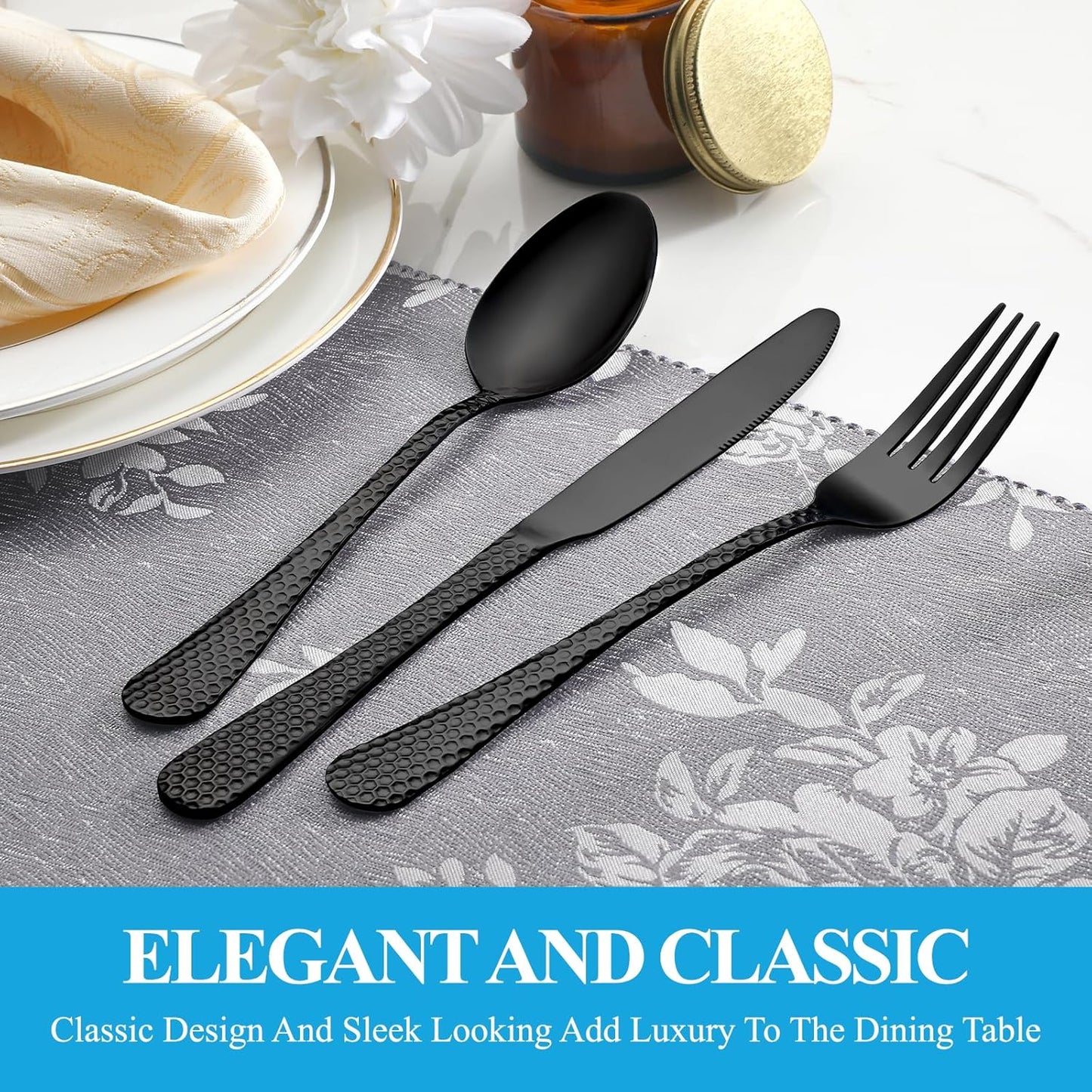 30 Pcs Black Hammered Silverware Set Service for 6,Stainless Steel Flatware Set,Mirror Polished Cutlery Utensil Set,Durable Kitchen Eating Tableware Set,Include Fork Knife Spoon Set,Dishwasher Safe